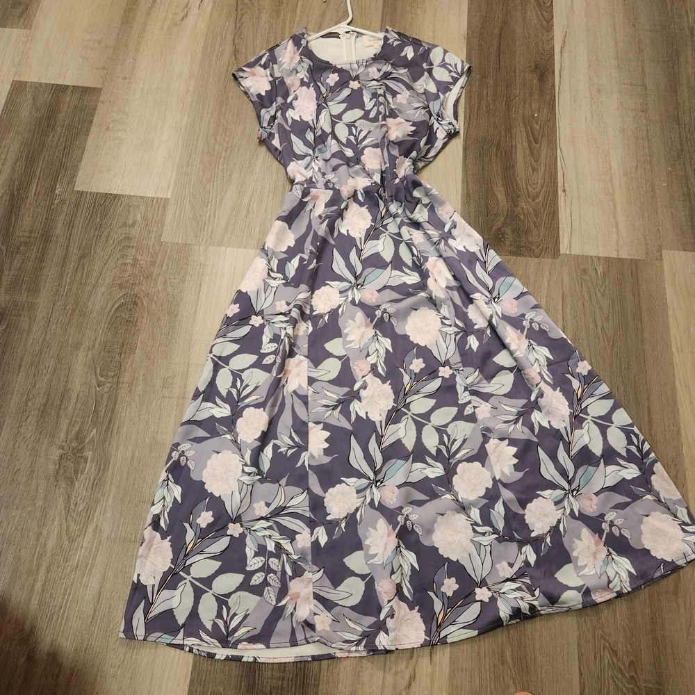 Böhme Floral Midi Dress Women's Medium Purple Pink Short Sleeve Smocked Waist - Picture 12 of 14